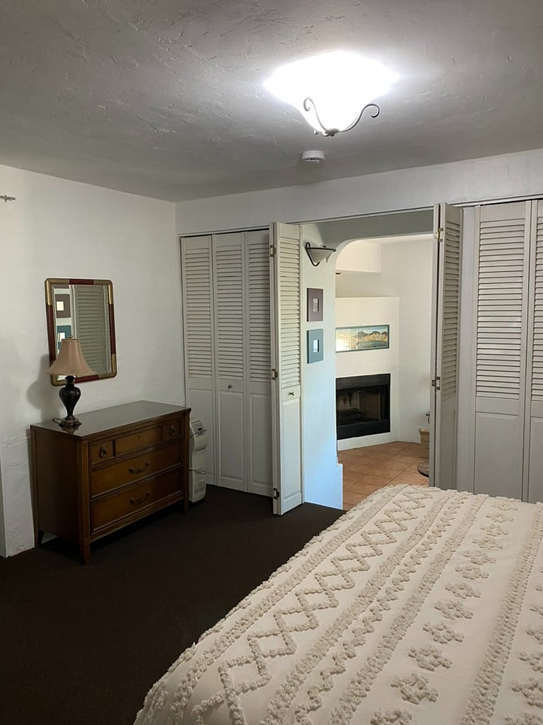 Dresser next to closet with laundry basket, iron, fans, etc.