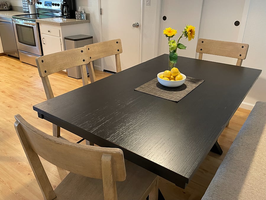Dining table seats. High chair available.