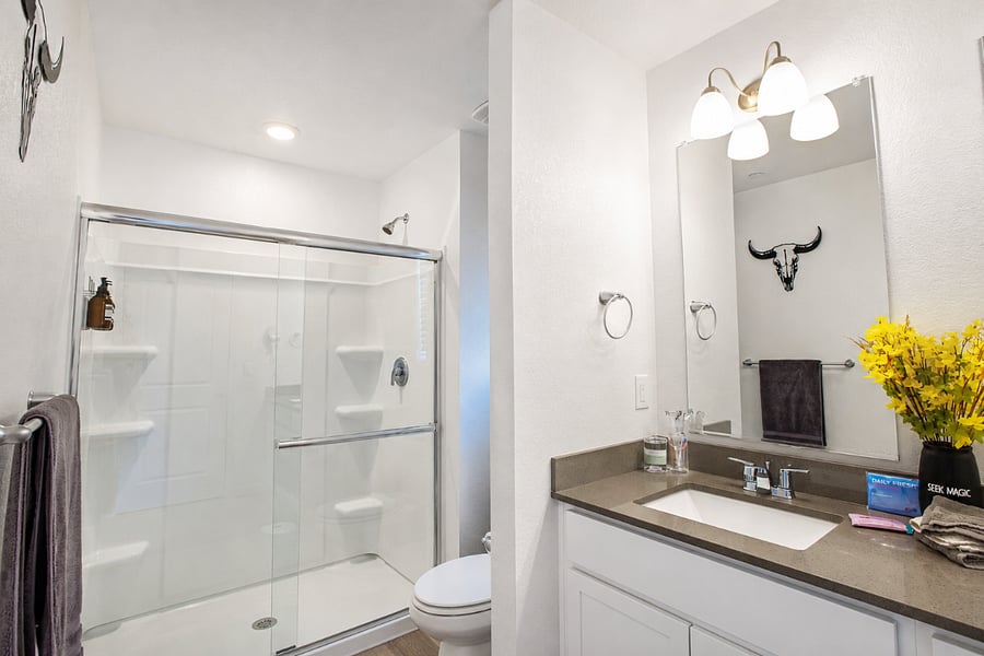 Master bathroom with standing shower and walk in closet