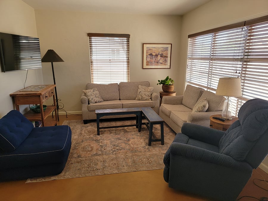 Cozy living room with LG Smart TV, relaxing power recliner chair and large windows.