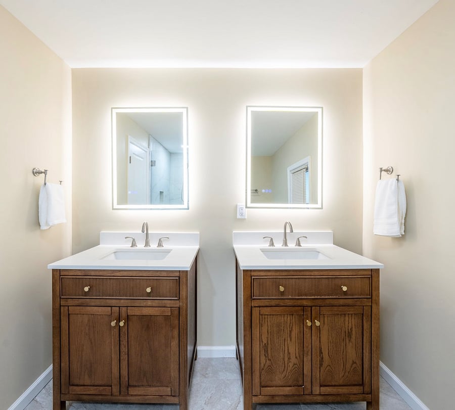 Double vanity with mirror controlled mood lighting
