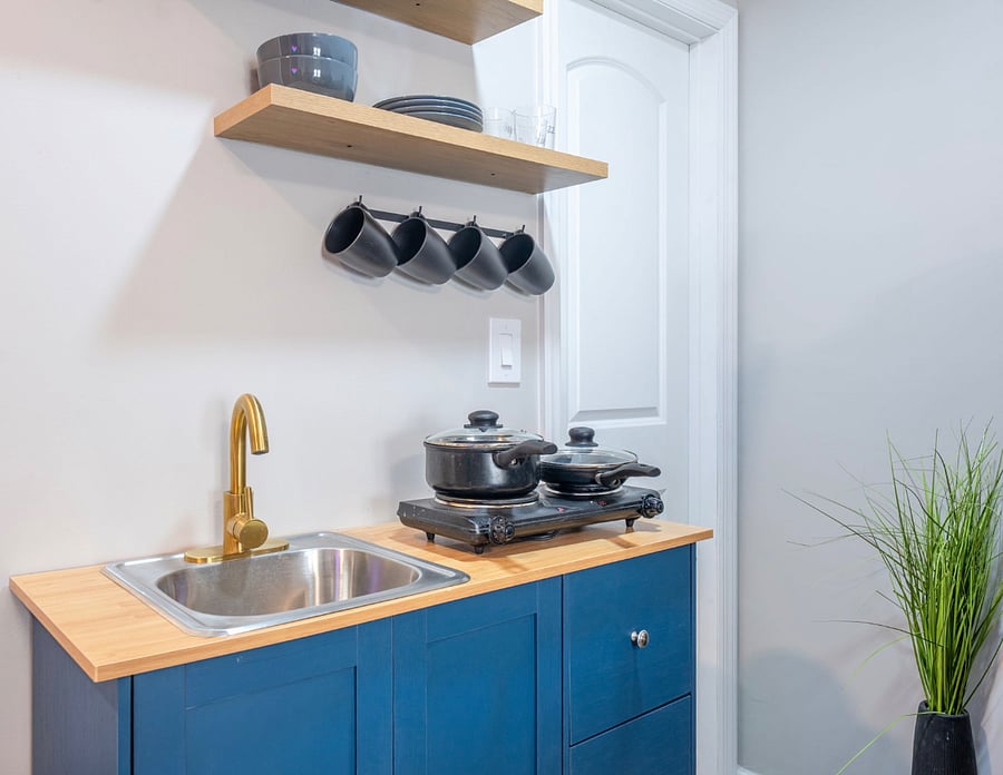 Mugs, cups, wine glasses, plates, portable stove stop, pots/pans available for guests