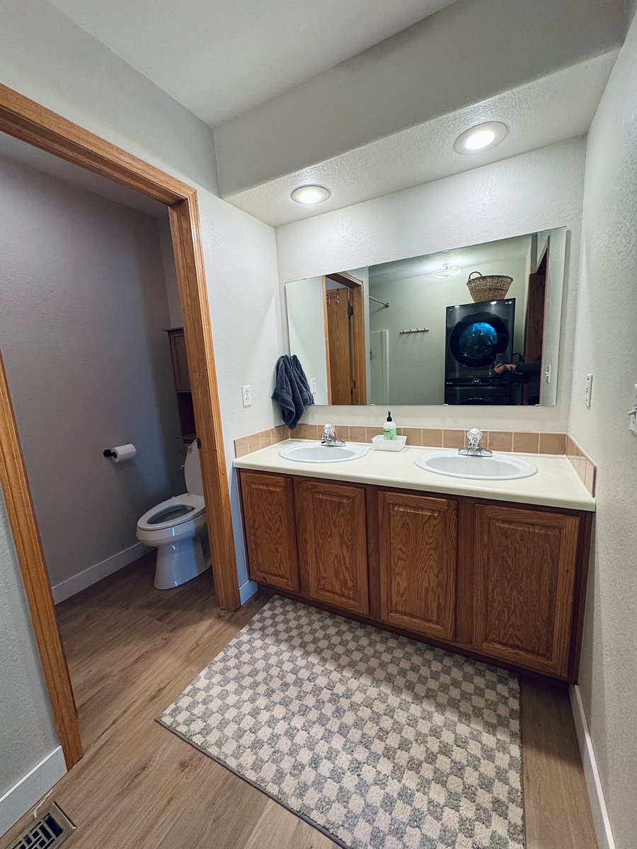 Primary bath vanity and toilet closet.