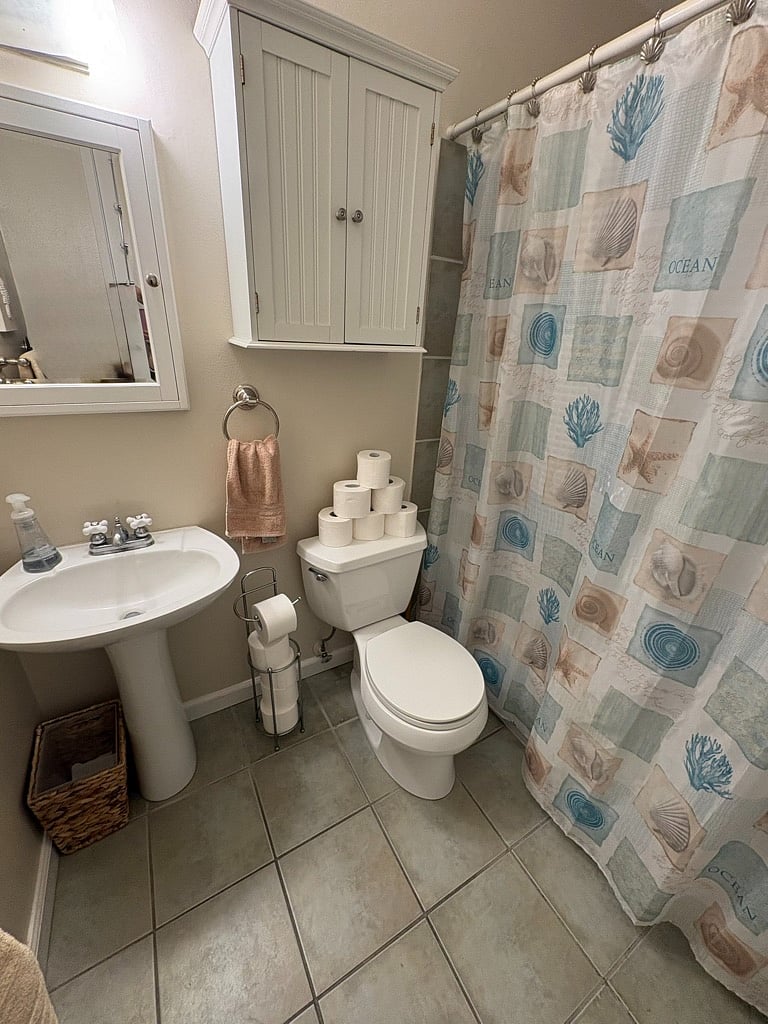 The bathroom is stocked with shampoo, conditioner, and soap- Mirrored storage vanity cabinet and pedestal sink. More storage directly outside in a full towel cabinet