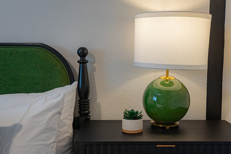 Master Bedroom - Queen Bed with Green Upholstered Headboard