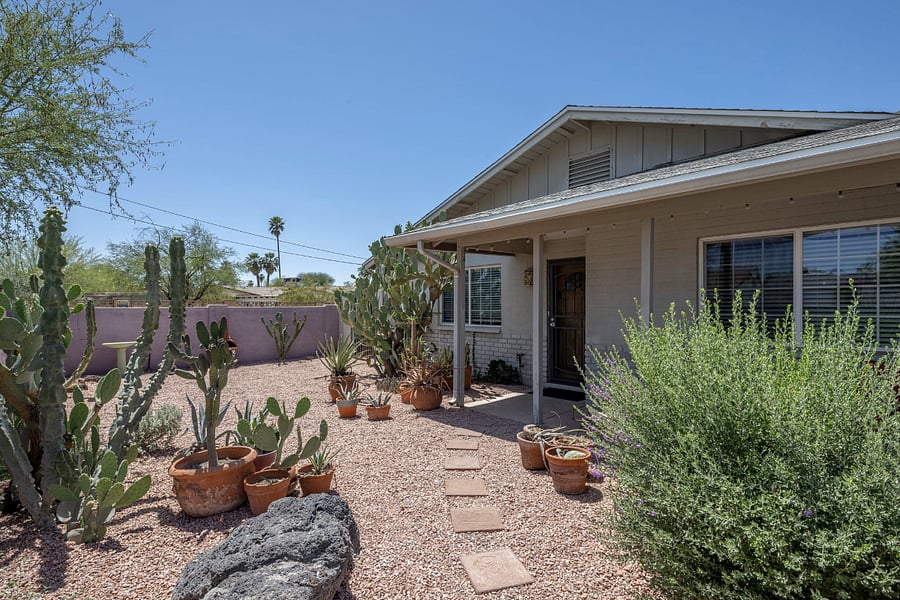 Desert Oasis Curb Appeal: A lush, professionally landscaped entrance featuring a vibrant collection of Arizona-native plants, all maintained by a fully automated irrigation system for effortless beauty