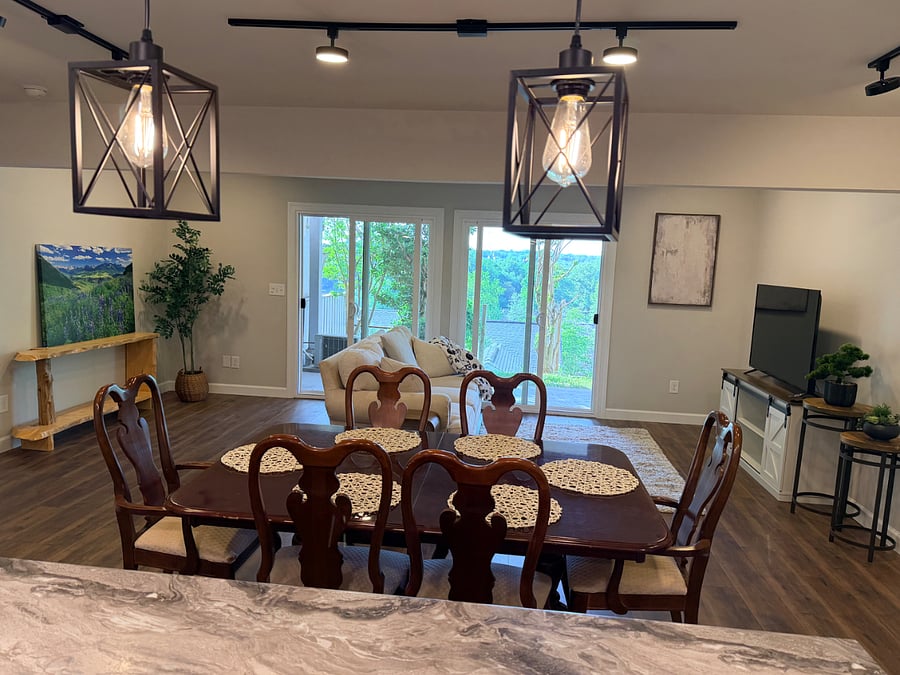Great room with dining and living room area.