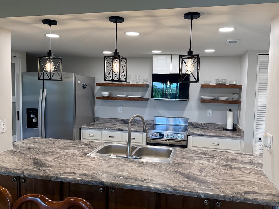 Kitchen with bar, open shelves