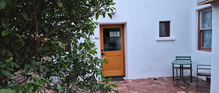 orange tree, front door, patio nook