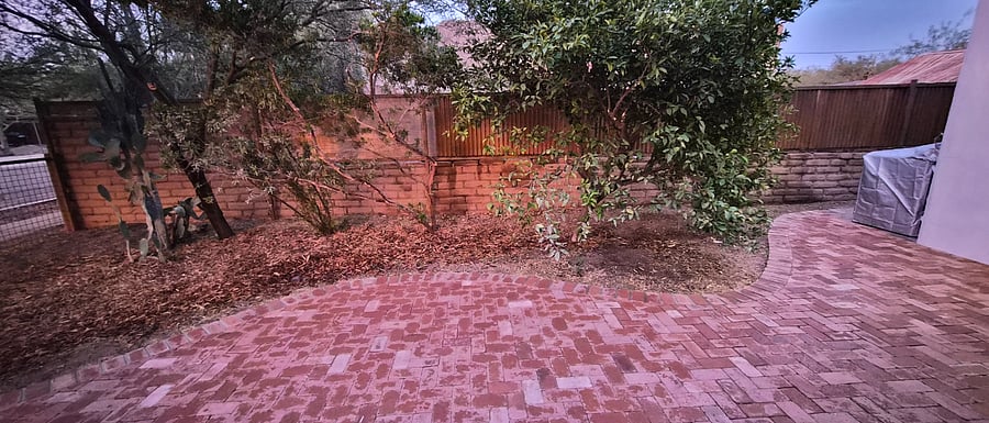 paver patio, adobe and steel wall, water harvesting basin