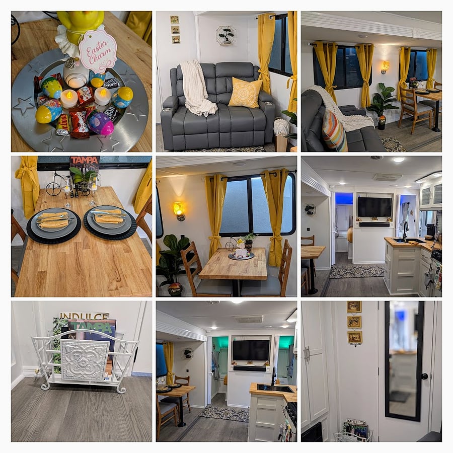 These images illustrate the different lighting options throughout the RV, designed to foster a versatile atmosphere for both work and relaxation.