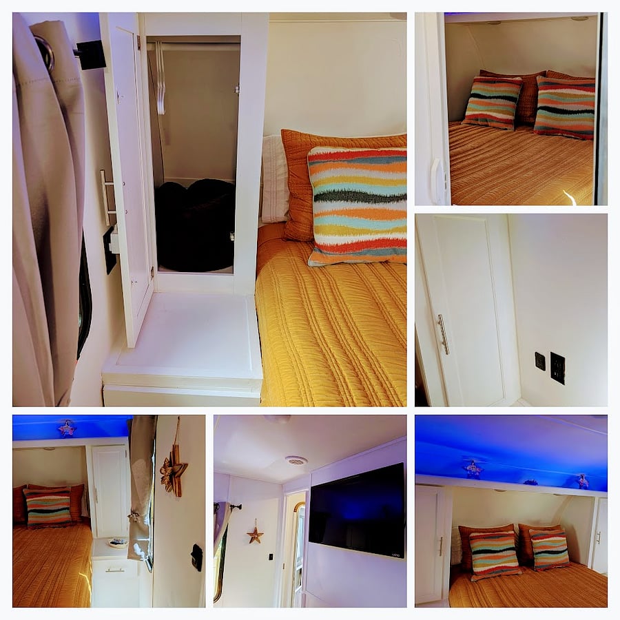 The walls of the bedroom, located on either side of the bed, are equipped with power outlets and USB ports to ensure your devices remain charged throughout the night. More space to hang and store clothing is available.