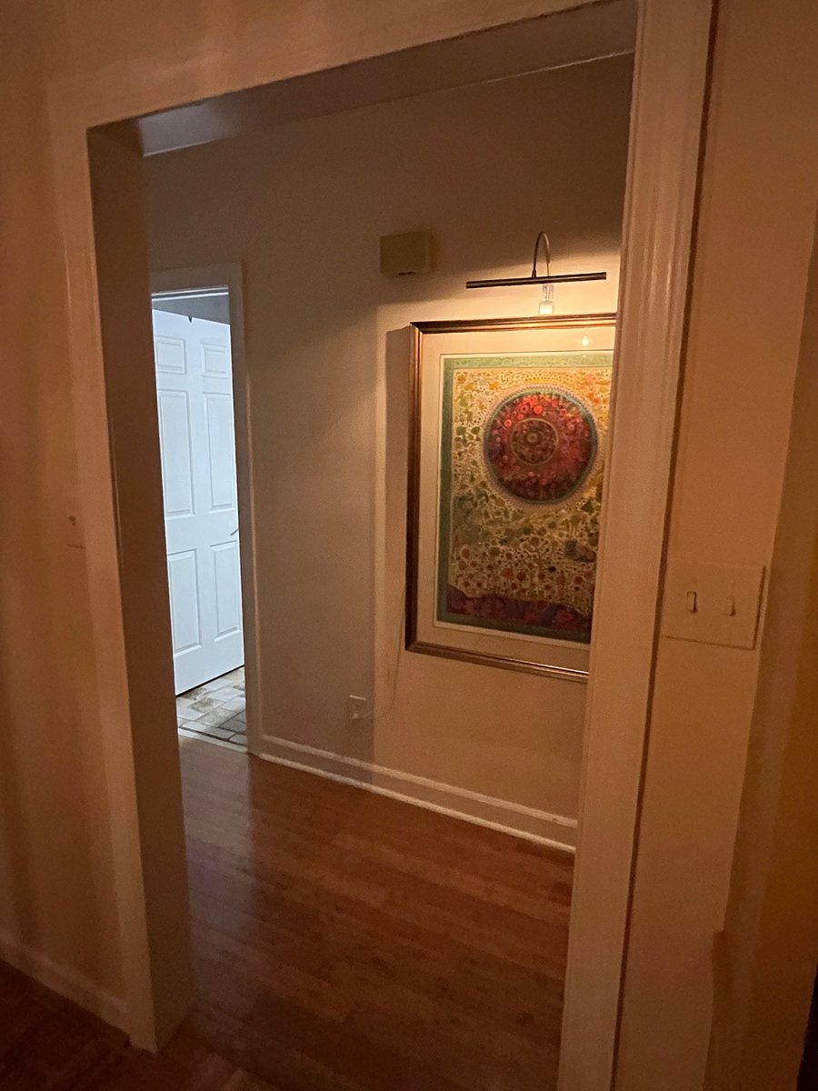Hallway downstairs leads to office and full bathroom.