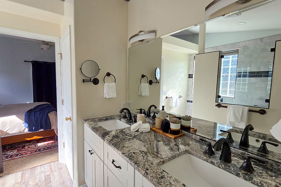 Double vanity bathroom with fresh paint and newly remodeled