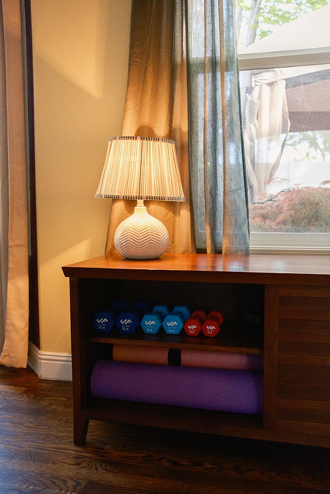 Gym equipment including weights, yoga mats, pilates ring and bands