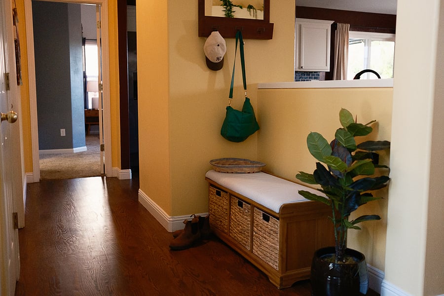 Entryway bench with shoe cubby storage