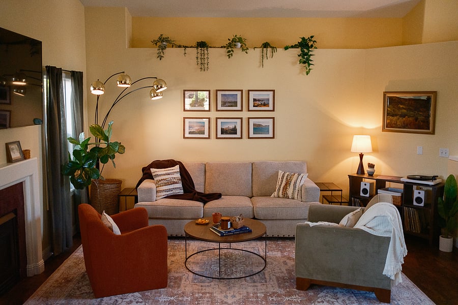 Living room with fireplace and cozy furnishings