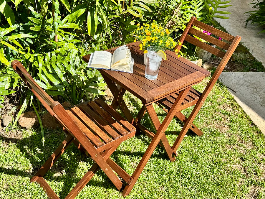 Shared garden with a portable bistro set for morning coffee or after-shift unwinding.