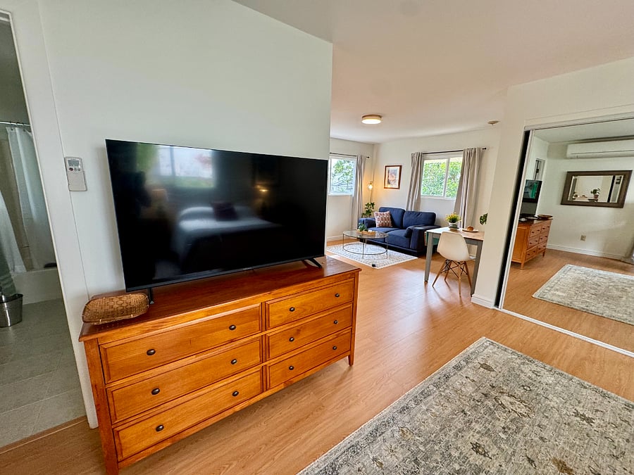 The flow: bedroom and TV here, full living and dining beyond. One continuous bright space.