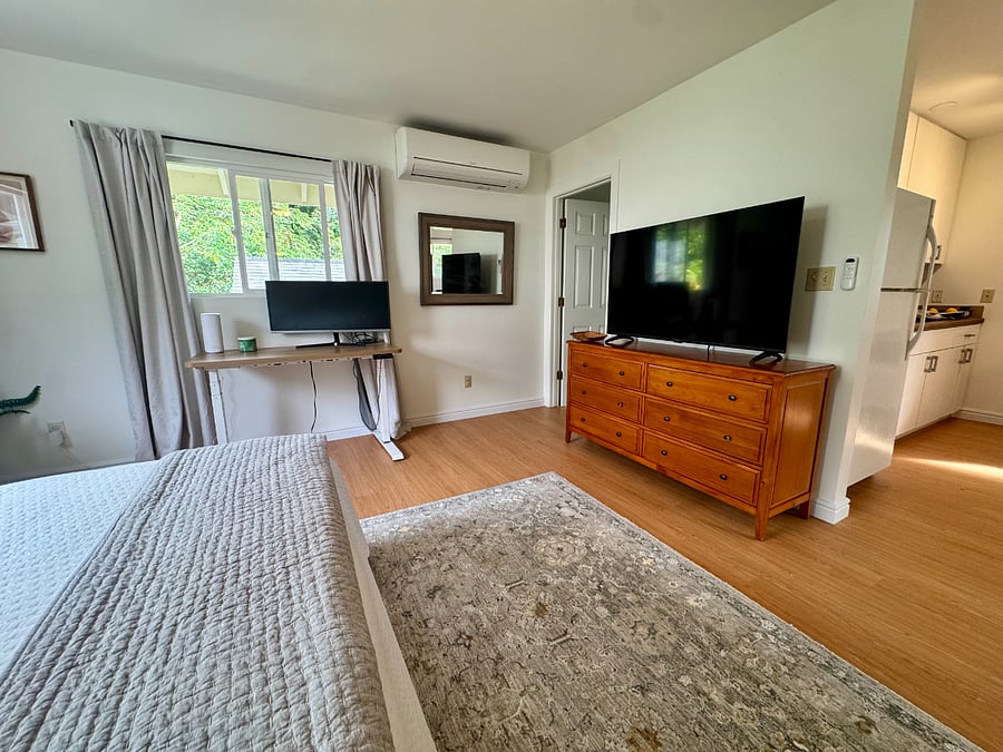 Smart TV, full dresser, and Mitsubishi mini-split AC. Sign in with your own streaming accounts.