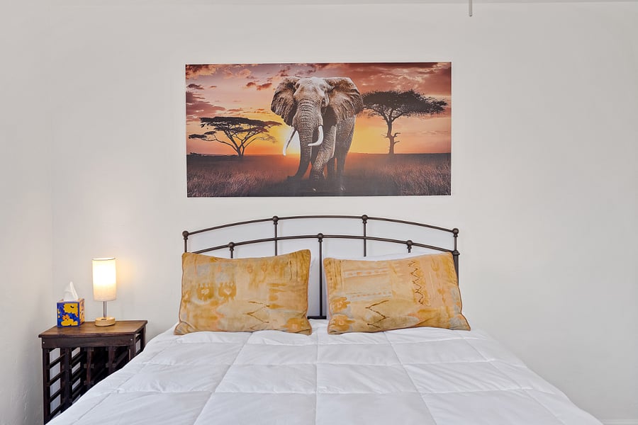 Bedroom #2 with comfy queen bed, ceiling fan and large closet.  Safari decor .