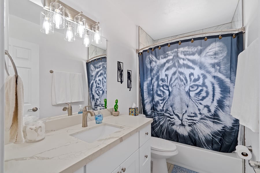 Main hallway bathroom with shampoo, conditioner, luxury soaps and shower gel. 