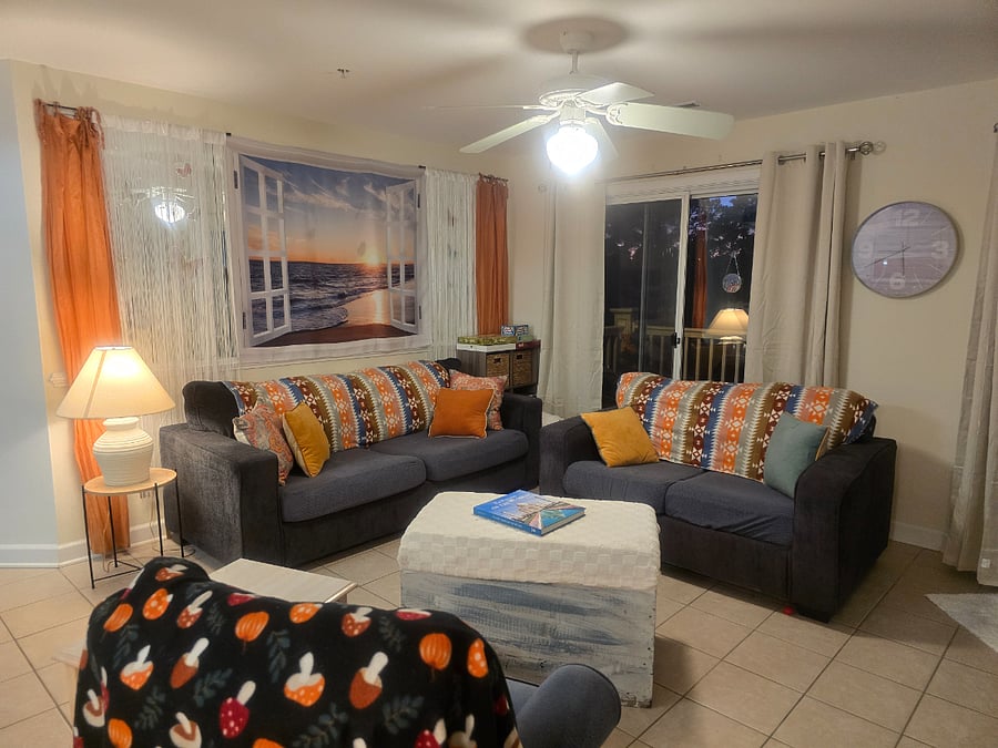 Comfortable living area with sleeper sofa, smart TV and amazing views