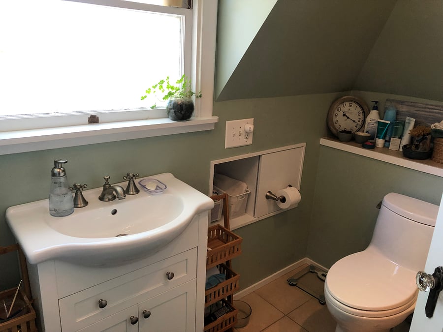There are two bathrooms available, one with a shower and one half-bath.