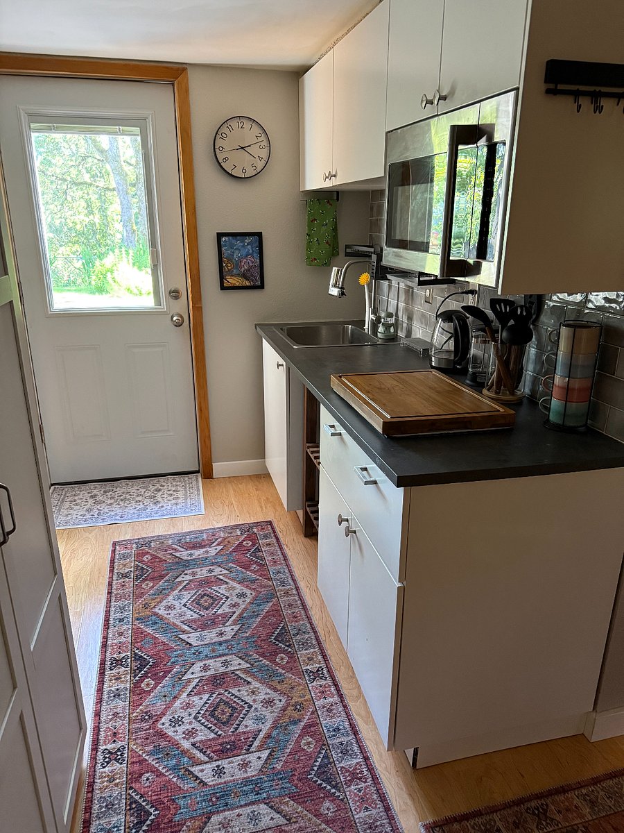 Kitchen: microwave, sink, 2 burner cook top (under cutting board), pull-out butcher block with toaster oven, cabinets with cutlery and dishes