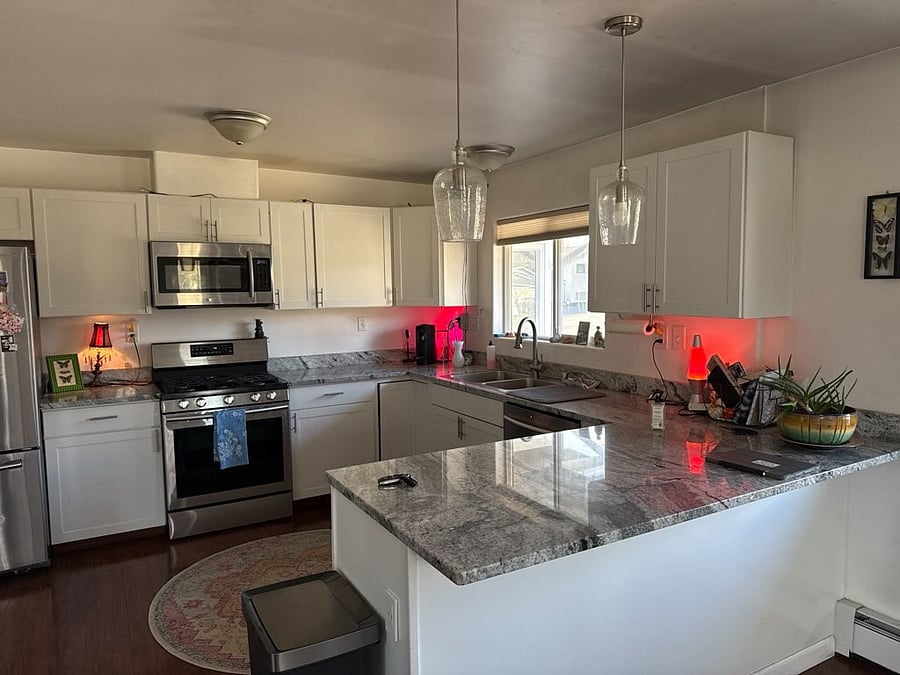 Shared kitchen. Lots of natural lighting, plenty of of counter space and storage. 