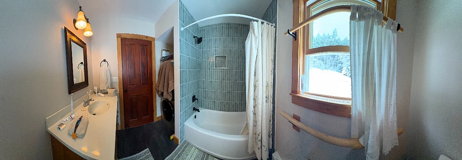 Renovated bathroom + shower. Hidden by the towel is the Bosch dryer unit.