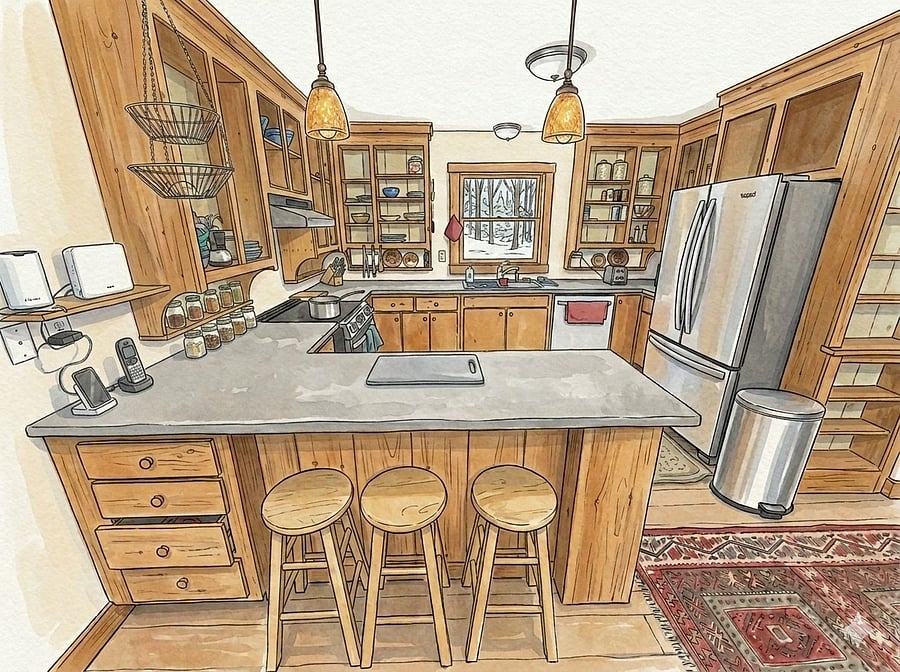 illustrative rendering of the kitchen and stools