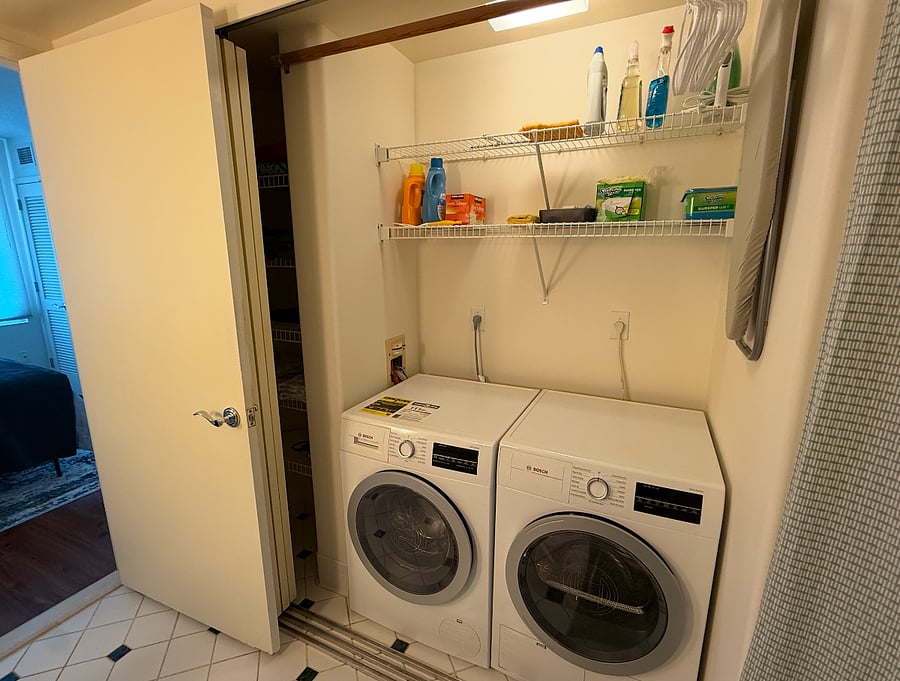 Full-size washer and dryer, queen bed linens, towels, beach towels, starter bathroom essentials, and starter cleaning supplies.