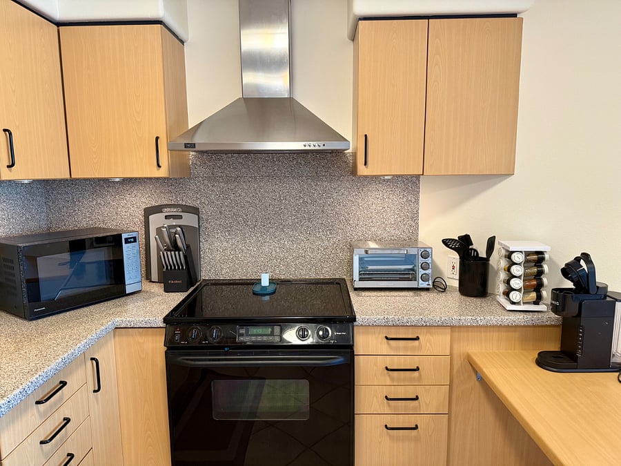 Thoughtfully curated kitchen with the essentials you need to cook, bake, and settle in comfortably.