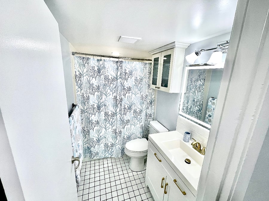 Updated bathroom with new vanity and lighting