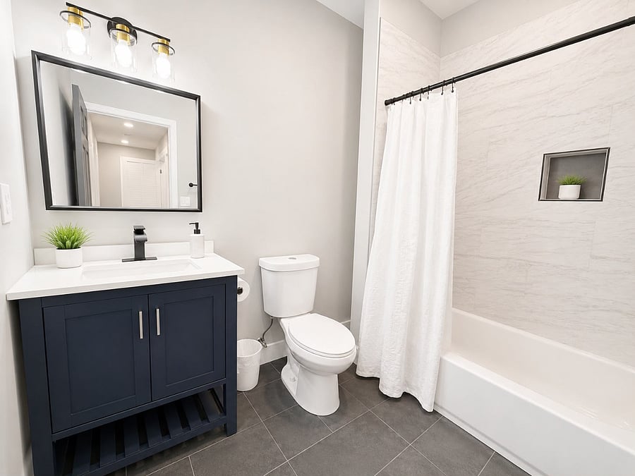 Shower, bath tub and a spacious vanity within steps of each other  refreshing after a long day just got easier.