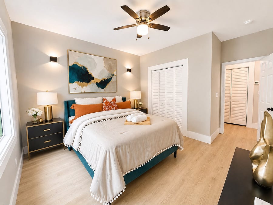 Soft, hotel-style linens and a closet with real hanging space  unpack and settle in.