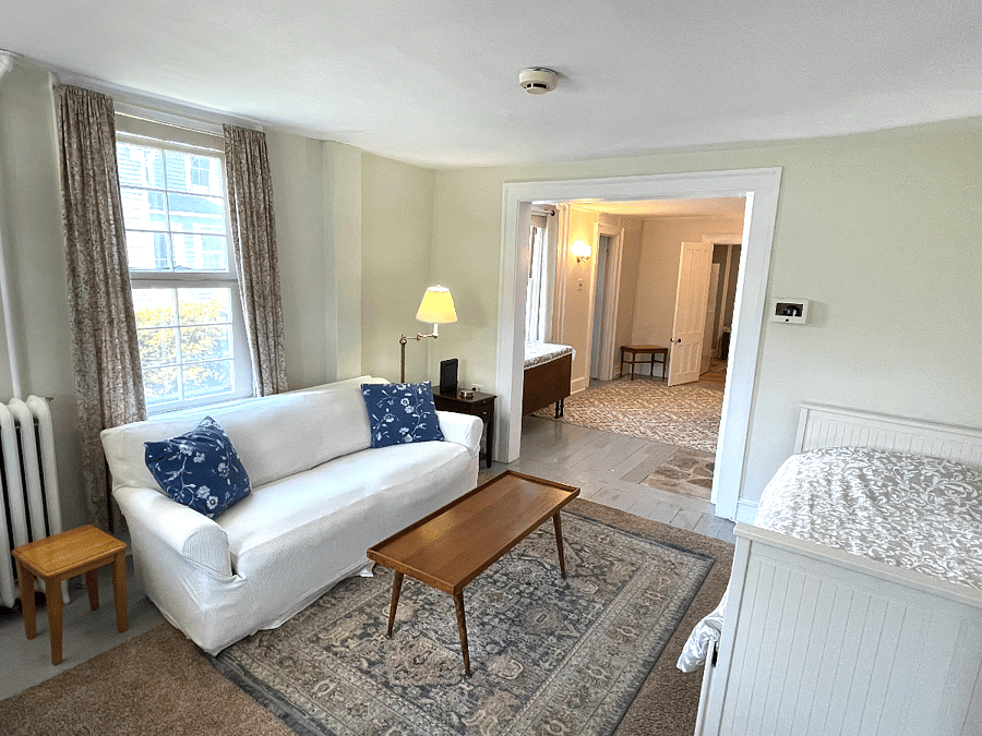 Living room includes a twin bed.