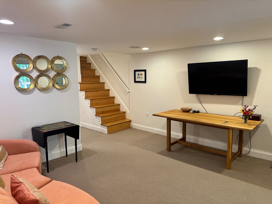 Living room and view of the stairs to the main floor (door closed off for full privacy)