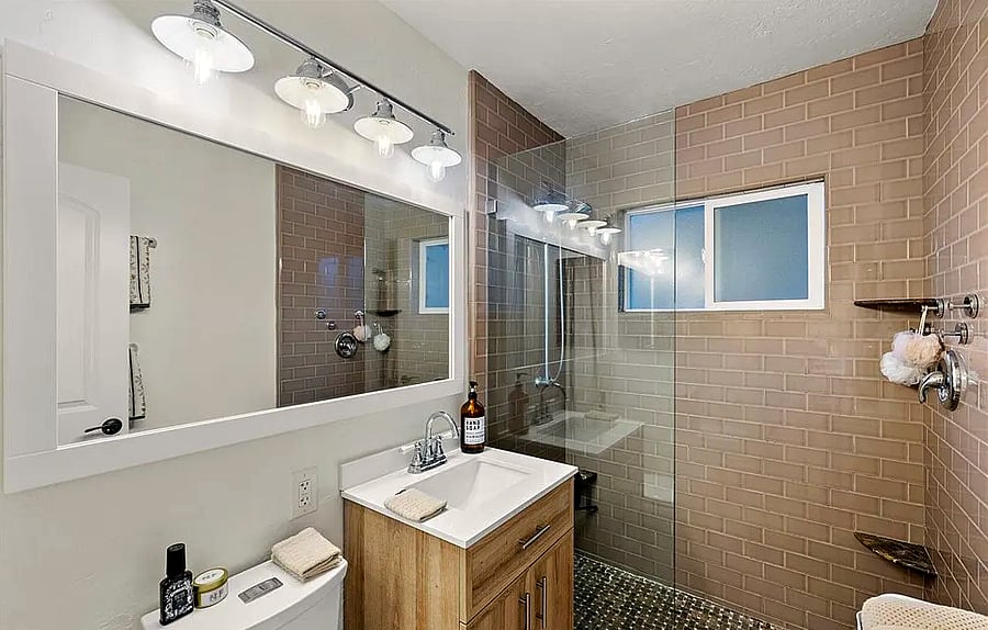 Downstairs bathroom with large rain shower