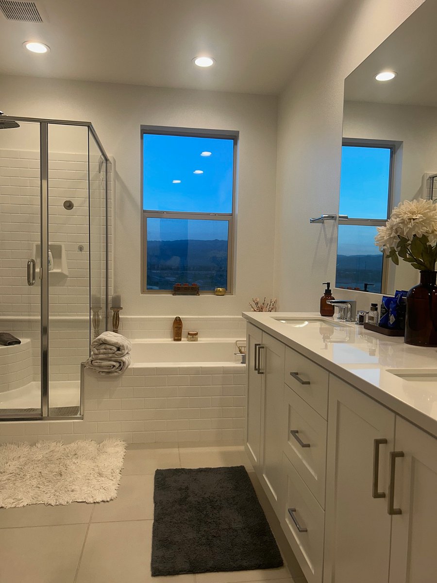 Master bath tub and shower with views of the mountains