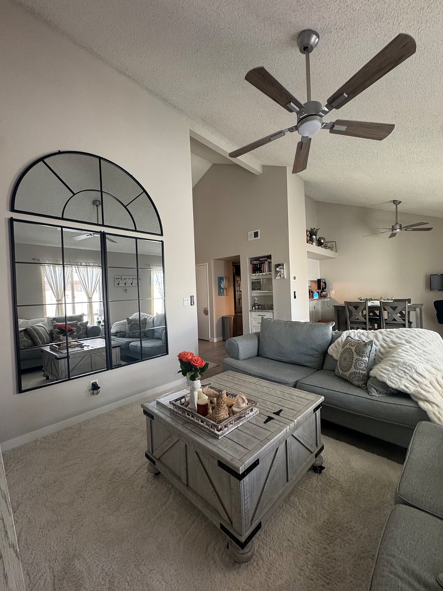 Full size mirror and vaulted ceilings