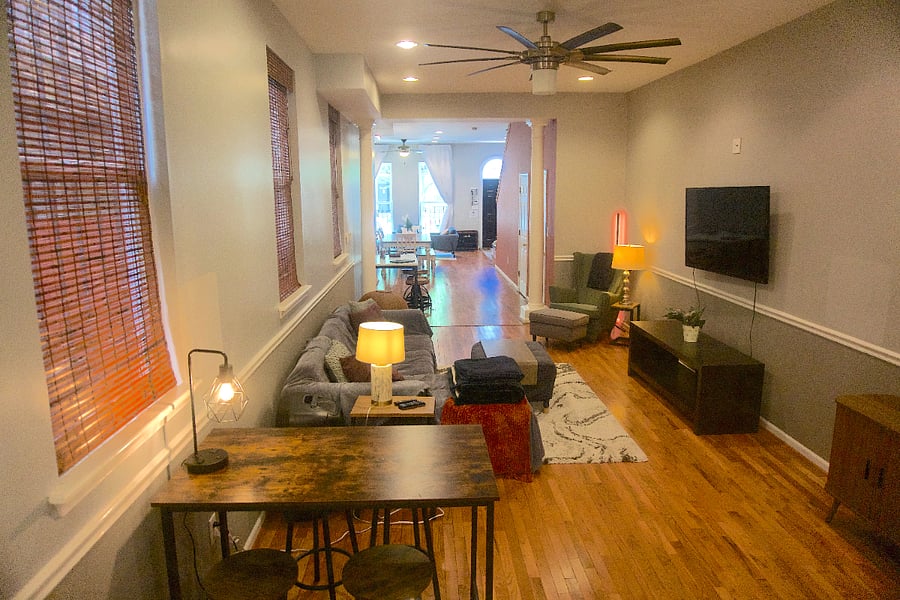 Open Concept View towards front - Living Room w/ 65" TV 