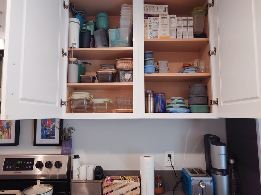 Glass, silicone, and plastic storage containers.