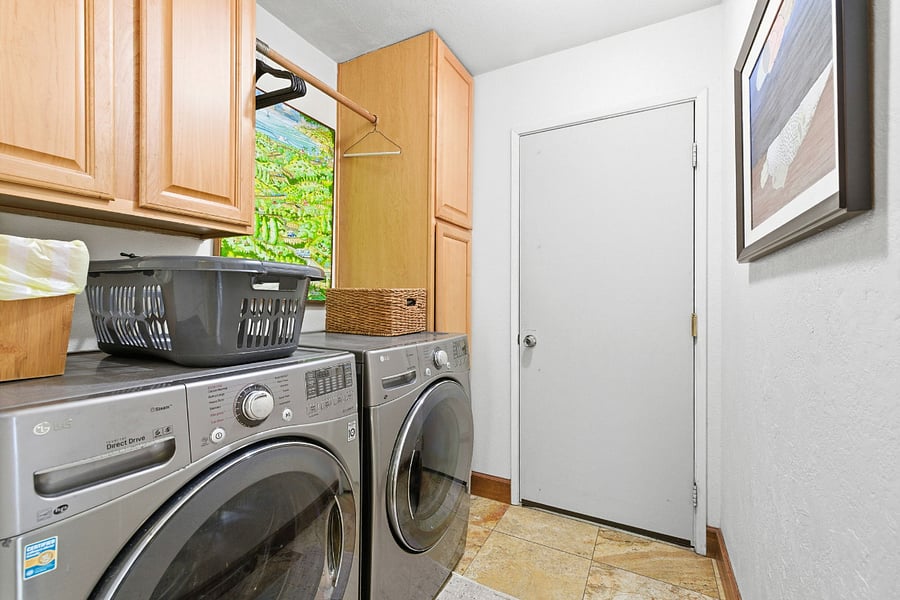 Laundry Room | Washer Dryer | Upper Cabinets & Folding BasketPowder Room | Toilet | Wall Niche & Wood Door