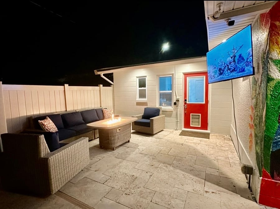 Outdoor seating area with gas fireplace