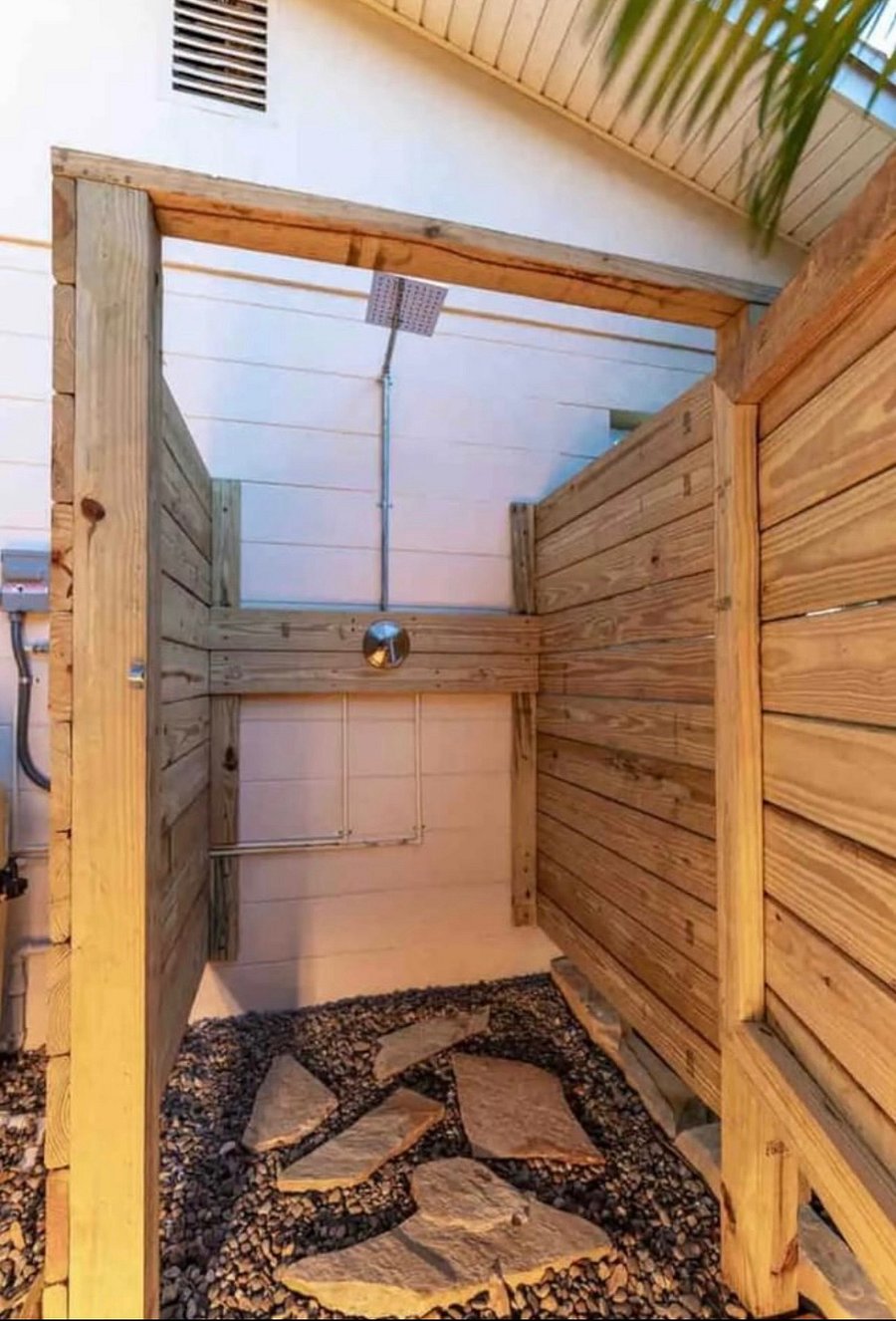 Outdoor shower with its own hot water heater-truly the best!