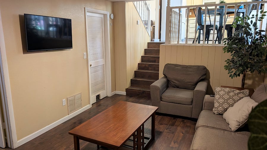 Living room #2 downstairs with 47" smart TV and door to in-unit laundry.