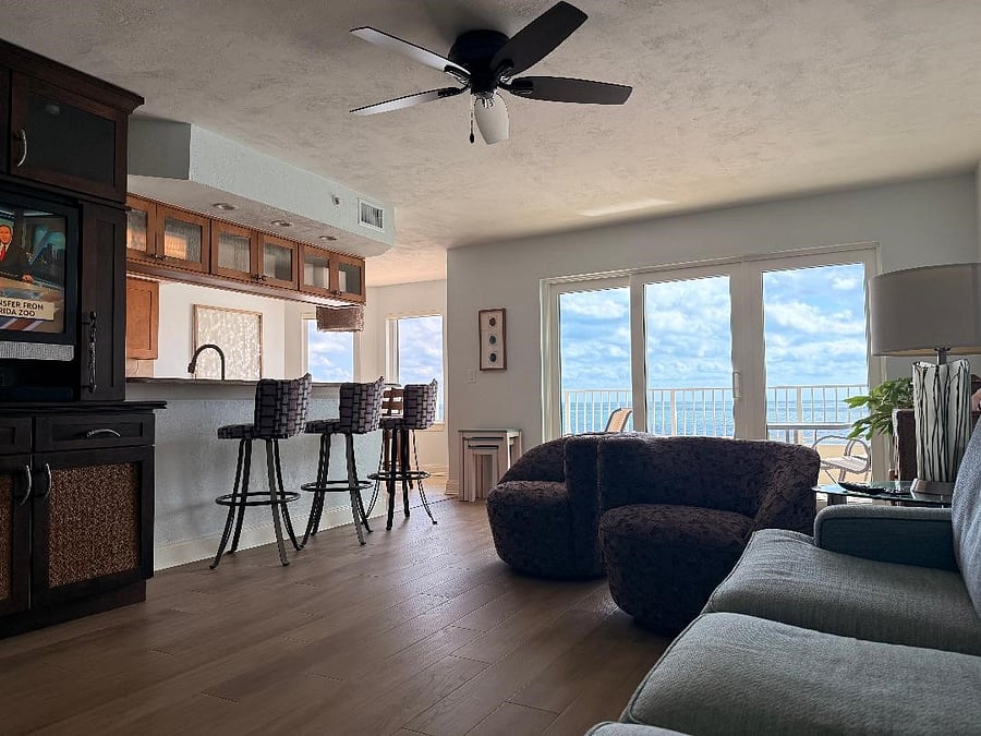 Living Room. High end sofa has pull out for guests