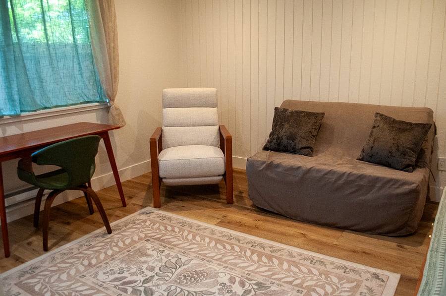 Bedroom and Office Space with Double Futon, Full Recliner, Desk and Smart TV